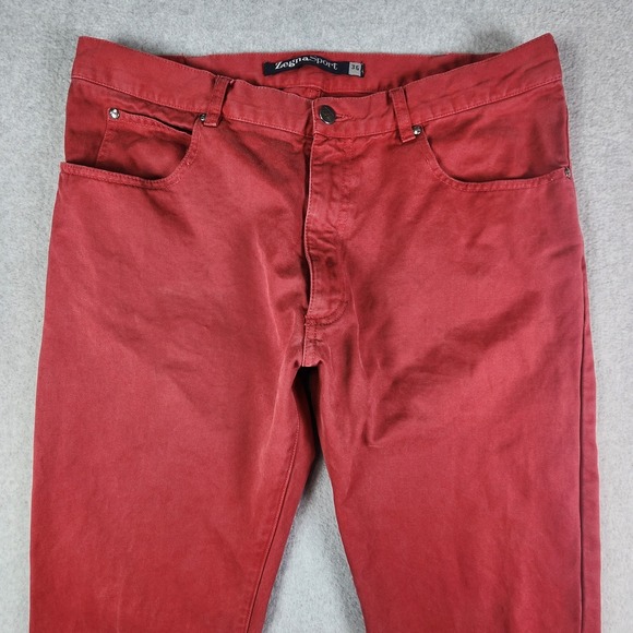 Zegna Sport Straight Jeans Mens 35x30 Red 5 Pocket Denim 100% Cotton Tag 36 - Picture 1 of 16